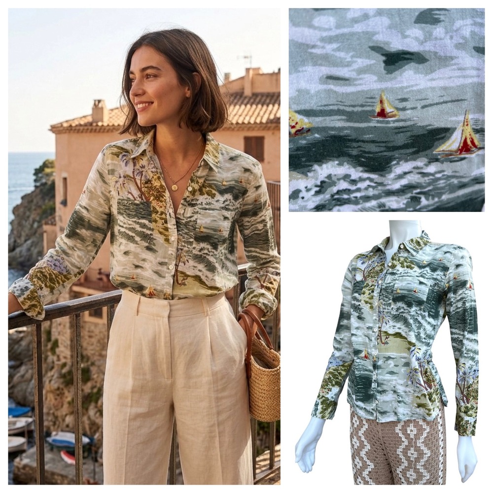 Swildens Paris Scenic Nautical Sailboat Print‎ Button Up Shirt French Girl Sz S